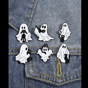 6pcs Cute Ghost Cat Enamel Pins Metal Brooches Black Cat Fashion Lapel Badge